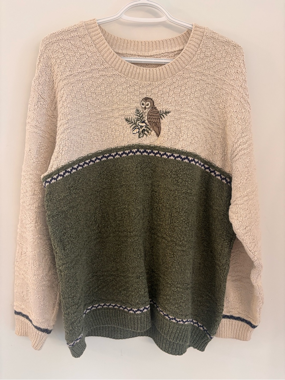 Vintage knit Owl Sweater in Green & Cream